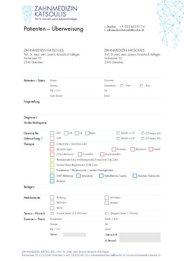 Formular Patienten-Überweisung Zahnmedizin Katsoulis